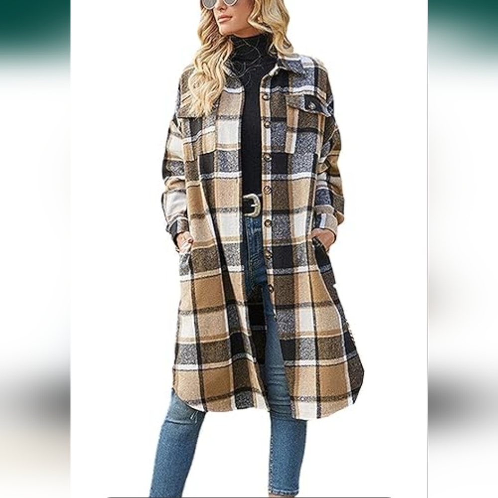 Women's Casual Plaid Lapel Woolen Button Up Pocketed Long Shacket Coat